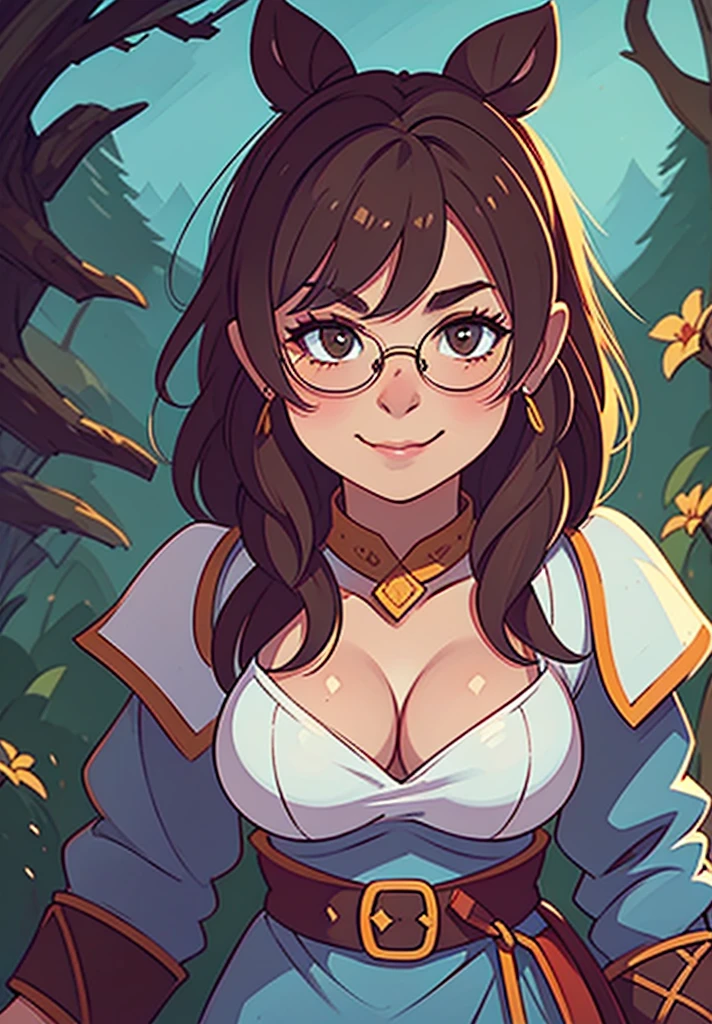 full color, nude:1.2, large breast:1.3, fantasy game world, a young dwarf researcher woman in thick dark forest, checking a flower, eyes glasses, full body, closed mouth smile,