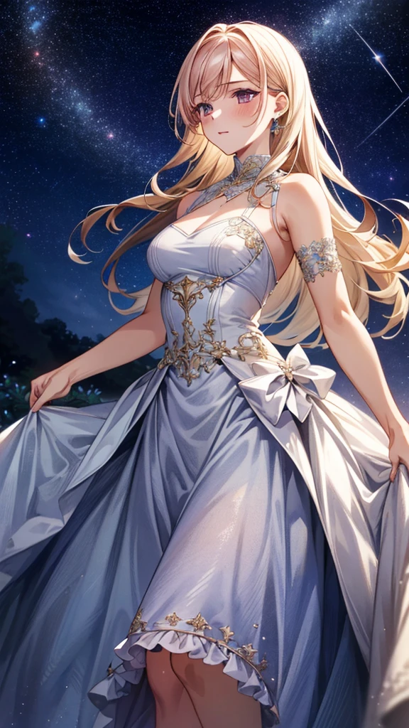 (evening dress),mature women, grace,The background is starry sky, antioxidant_mary rose, 1 girl, ultra high definition, extreme speed, masterpiece, accurate, anatomically correct, textured skin, super detailed, high detail, high quality, best quality, high resolution, 4K