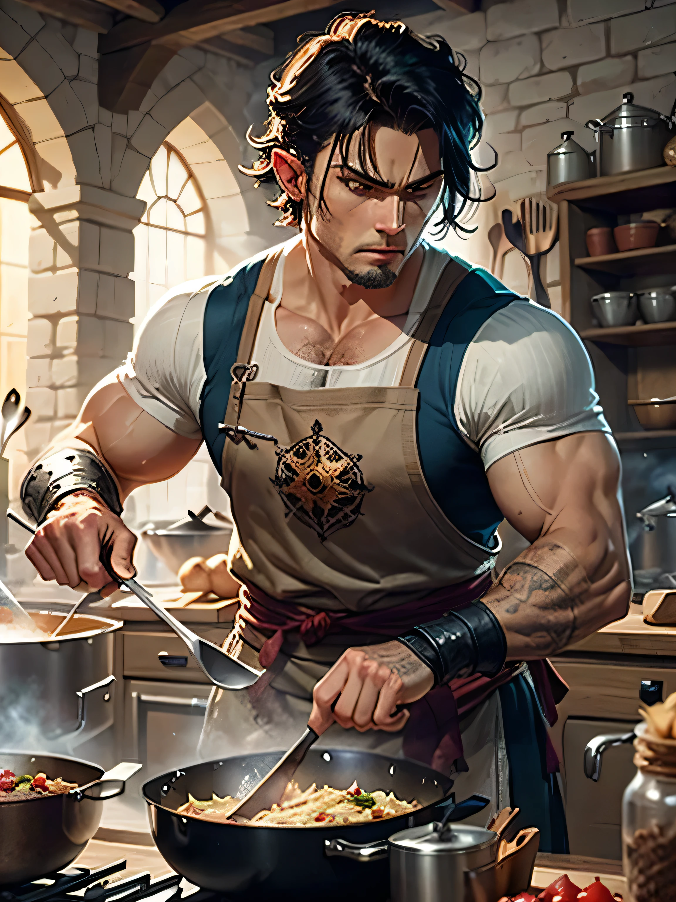 a medieval cook, from the world of dungeons and dragons, cooking in a battle action pose, strong, warrior cook, strong, warrior, perfect face, ::male cook, strong