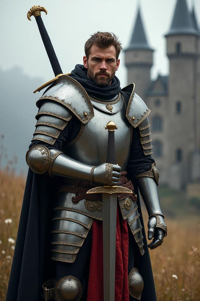 A knight in armor stands in front of the castle, Male paladin, knight wearing plate armor, fantasy paladin man, full portrait of magical knight, fantasy knight, armored knight, arsen lupin as a paladin, Knight in armor, A human male paladin, paladin armor, picture of a male cleric, Male swordsman, portrait of knight,The sword,long sword,Knight's sword,Carrying a long sword on his back