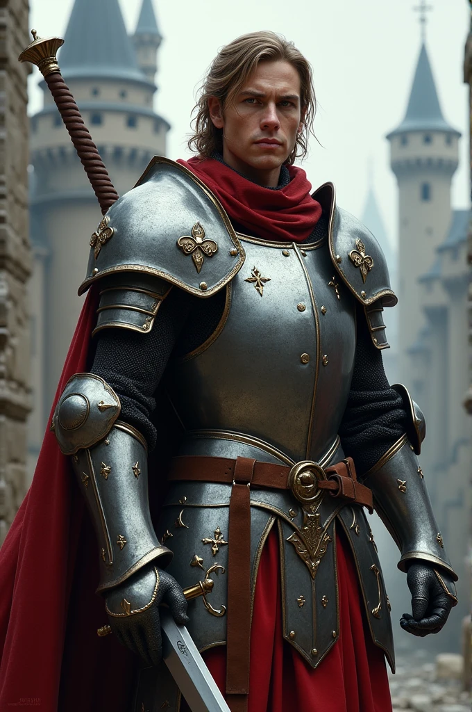 A knight in armor stands in front of the castle, Male paladin, knight wearing plate armor, fantasy paladin man, full portrait of magical knight, fantasy knight, armored knight, arsen lupin as a paladin, Knight in armor, A human male paladin, paladin armor, picture of a male cleric, Male swordsman, portrait of knight,The sword,long sword,Knight's sword,Carrying a long sword on his back