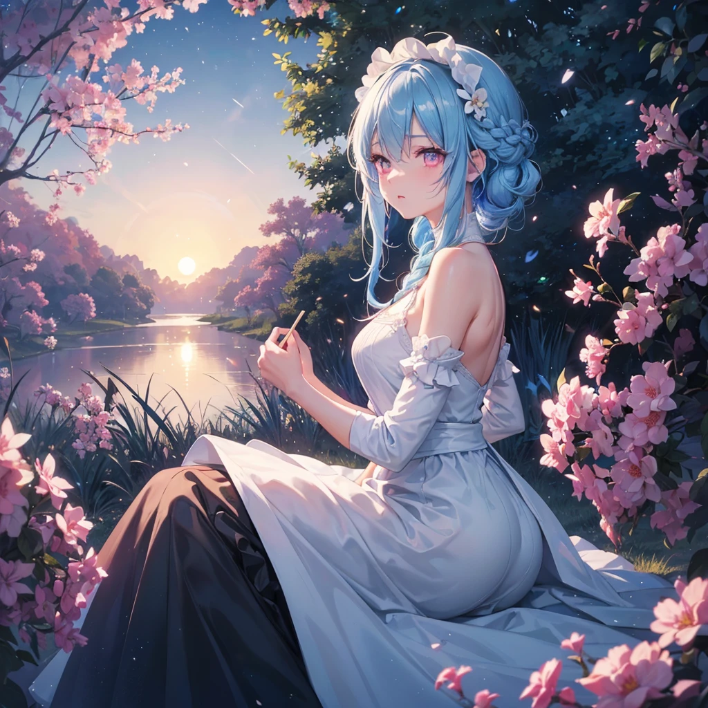Sky blue hair, (1 braided hair), (Pink eyes),Fair skin)  ,(whole body),(One Girl),(White sweet dumpling),Miscanthus sinensis,(beautiful, Full moon shining in the night sky),(masterpiece, Highest quality, Very detailed, Best Shadow), (Detailed Background), (Beautifully detailed face), High Contrast, (Best lighting, Very delicate and beautiful), ((Cinematic Light)), Hyper Detail,8k, Dramatic Light, Intricate details,Sit down and eat dumplings,