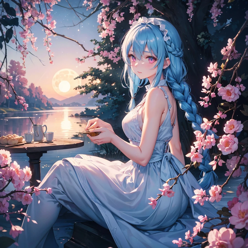 Sky blue hair, (1 braided hair), (Pink eyes),Fair skin) ,(whole body),(One Girl),(White sweet dumpling),Miscanthus sinensis,(beautiful, Full moon shining in the night sky),(masterpiece, Highest quality, Very detailed, Best Shadow), (Detailed Background), (Beautifully detailed face), High Contrast, (Best lighting, Very delicate and beautiful), ((Cinematic Light)), Hyper Detail,8k, Dramatic Light, Intricate details,Sit down and eat dumplings,