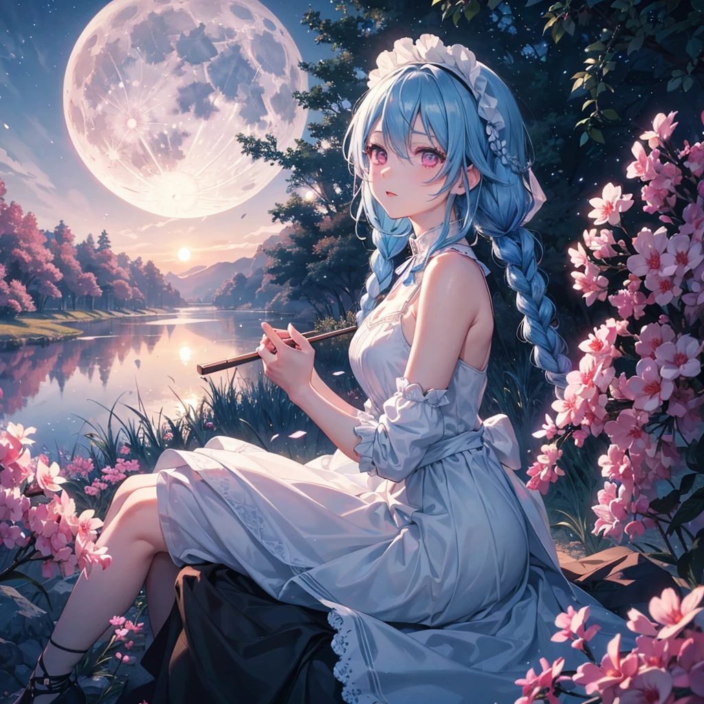 Sky blue hair, (1 braided hair), (Pink eyes),Fair skin) ,(whole body),(One Girl),(White sweet dumpling),Miscanthus sinensis,(beautiful, Full moon shining in the night sky),(masterpiece, Highest quality, Very detailed, Best Shadow), (Detailed Background), (Beautifully detailed face), High Contrast, (Best lighting, Very delicate and beautiful), ((Cinematic Light)), Hyper Detail,8k, Dramatic Light, Intricate details,Sit down and eat dumplings,