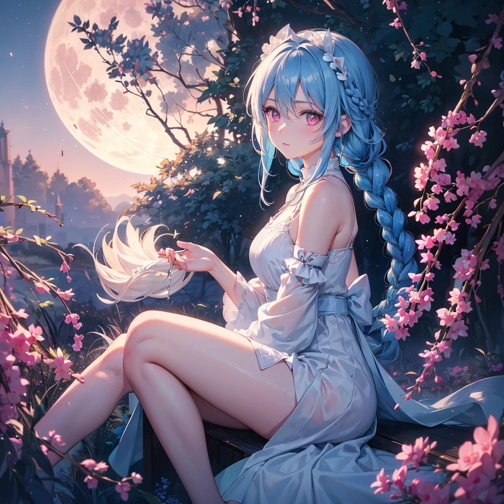 Sky blue hair, (1 braided hair), (Pink eyes),Fair skin) ,(whole body),(One Girl),(White sweet dumpling),Miscanthus sinensis,(beautiful, Full moon shining in the night sky),(masterpiece, Highest quality, Very detailed, Best Shadow), (Detailed Background), (Beautifully detailed face), High Contrast, (Best lighting, Very delicate and beautiful), ((Cinematic Light)), Hyper Detail,8k, Dramatic Light, Intricate details,Sit down and eat dumplings,