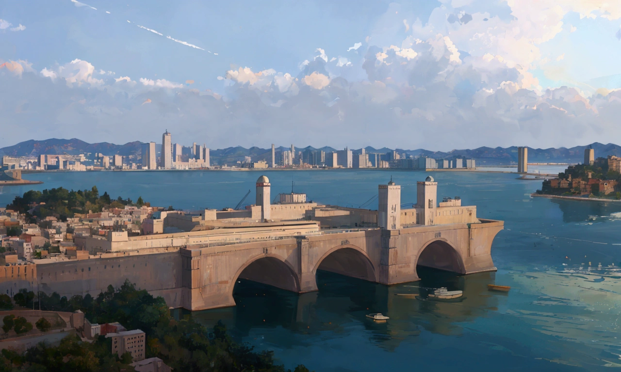 Alafid Dam，Huge body of water，A city in the background, Photo showing, enticing, Panorama, Large Portrait, A huge, Shoot from the top wide angle, The above points, Photo taken in 2 0 2 0, Full view, huge river, 188216907