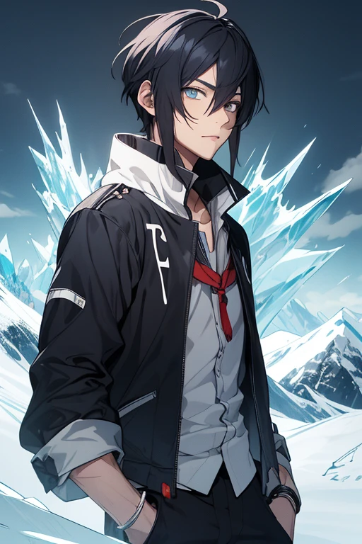An anime boy with straight and messy black hair, icy blue eyes and a complete look, his clothing like that of an adventurous prince