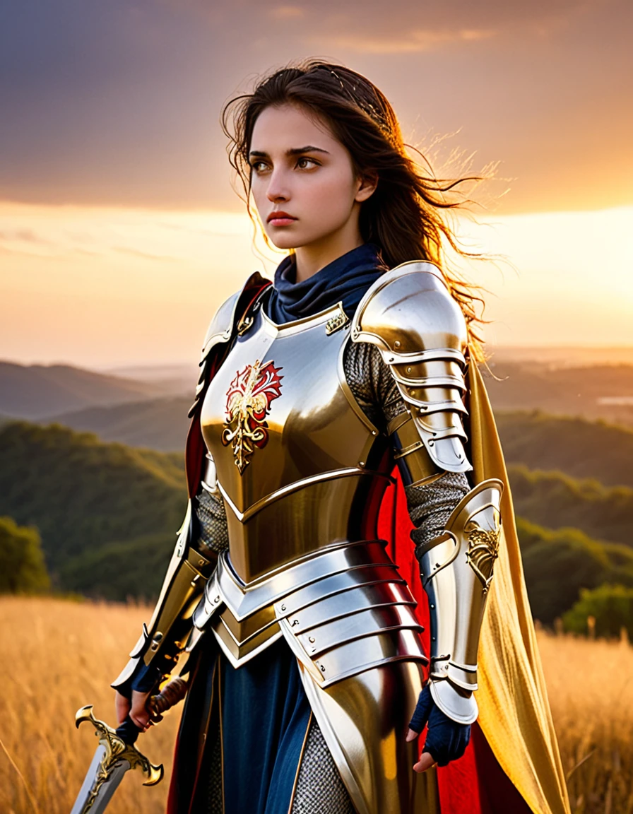 absurdres, best quality, masterpiece, ultra detailed beautiful photograph
BREAK
In the twilight of the battlefield, a knight clad in (golden armor:1.3) stands proudly. The armor gleams in the light of the setting sun, making her look like a legendary hero. In her hand, she holds a sharp sword, and her shield bears the family crest. The wind blows, causing her cape to flutter. Around her, the remnants of battle remain, and a profound silence spreads. Her eyes gaze into the distance, filled with determination and courage.