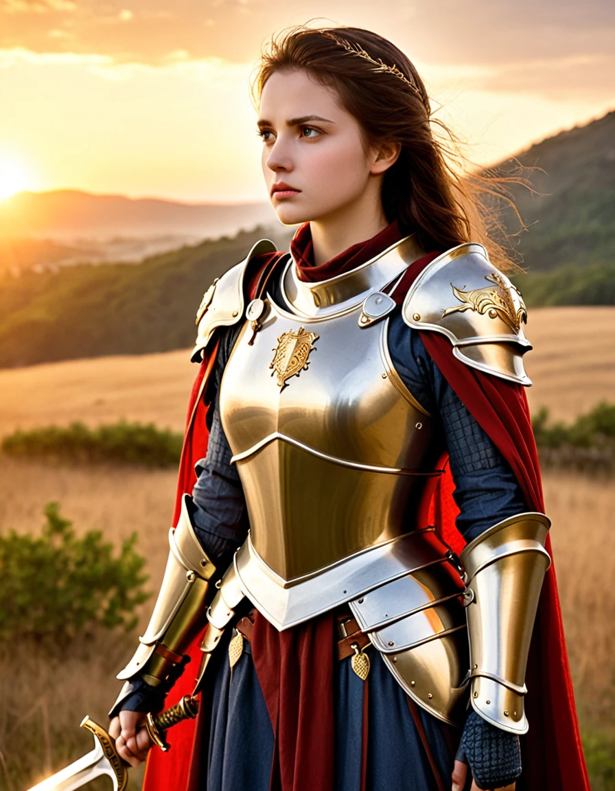 absurdres, best quality, masterpiece, ultra detailed beautiful photograph
BREAK
In the twilight of the battlefield, a knight clad in (golden armor:1.3) stands proudly. The armor gleams in the light of the setting sun, making her look like a legendary hero. In her hand, she holds a sharp sword, and her shield bears the family crest. The wind blows, causing her cape to flutter. Around her, the remnants of battle remain, and a profound silence spreads. Her eyes gaze into the distance, filled with determination and courage.