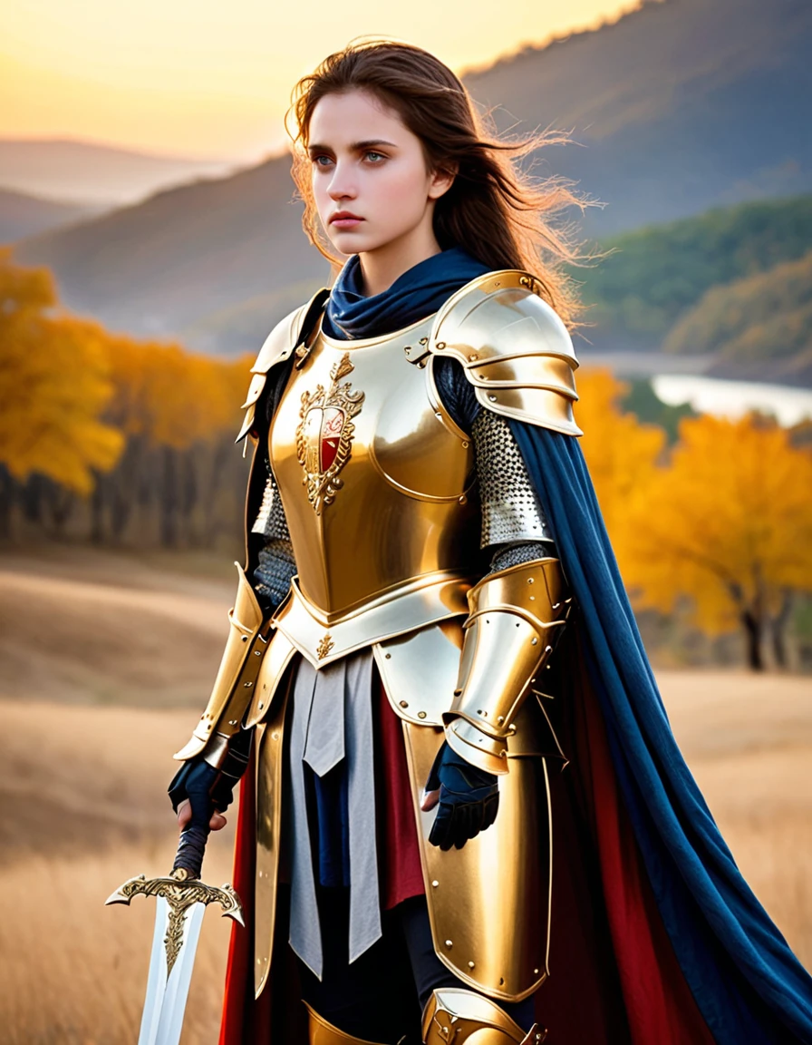 absurdres, best quality, masterpiece, ultra detailed beautiful photograph
BREAK
In the twilight of the battlefield, a knight clad in (golden armor:1.3) stands proudly. The armor gleams in the light of the setting sun, making her look like a legendary hero. In her hand, she holds a sharp sword, and her shield bears the family crest. The wind blows, causing her cape to flutter. Around her, the remnants of battle remain, and a profound silence spreads. Her eyes gaze into the distance, filled with determination and courage.