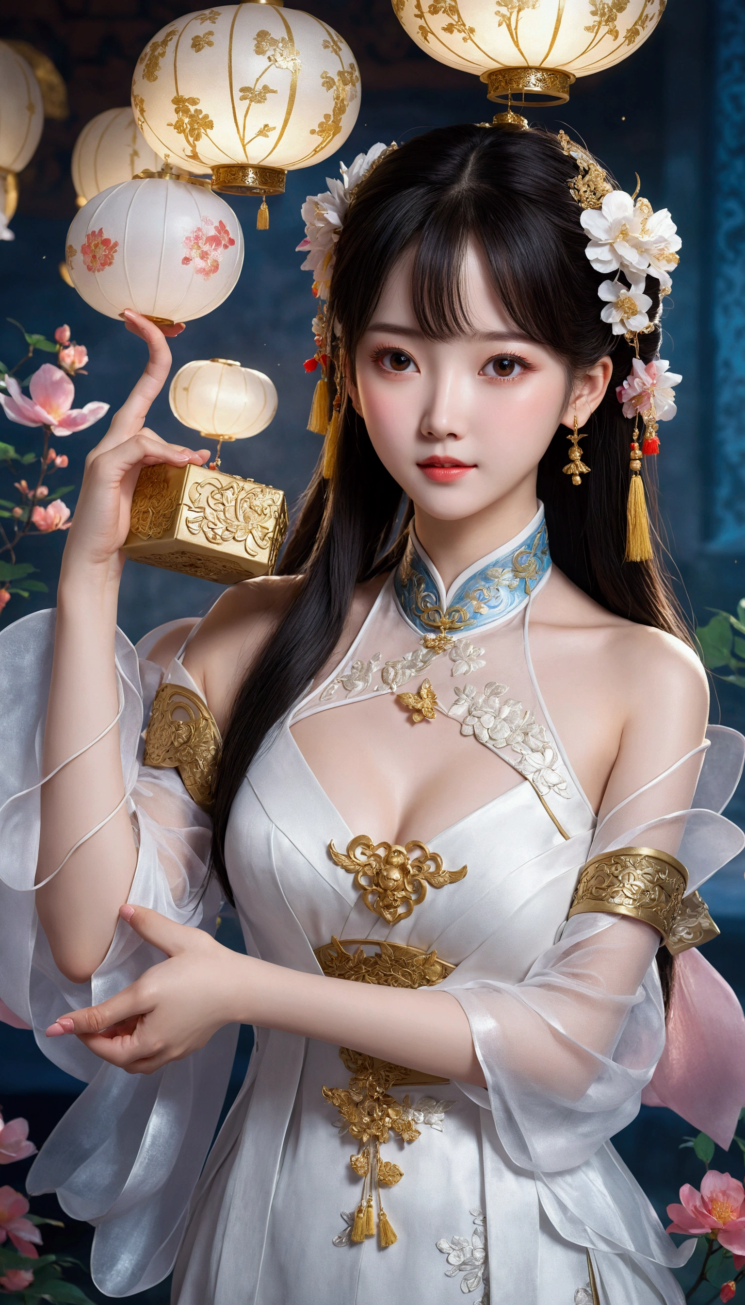 A woman in a white dress holds a gold box, palace ， Girl wearing Hanfu, Beautiful fantasy queen, Popular on cgstation, Inspired by Lan Ying, Inspired by Pu Hua, Chinese, artwork in the style of Gu Weiss, Dressed in ancient Chinese costumes, Gu Weiss, Popular on cgstation内容, Chinese Fantasy, Chinese Girl