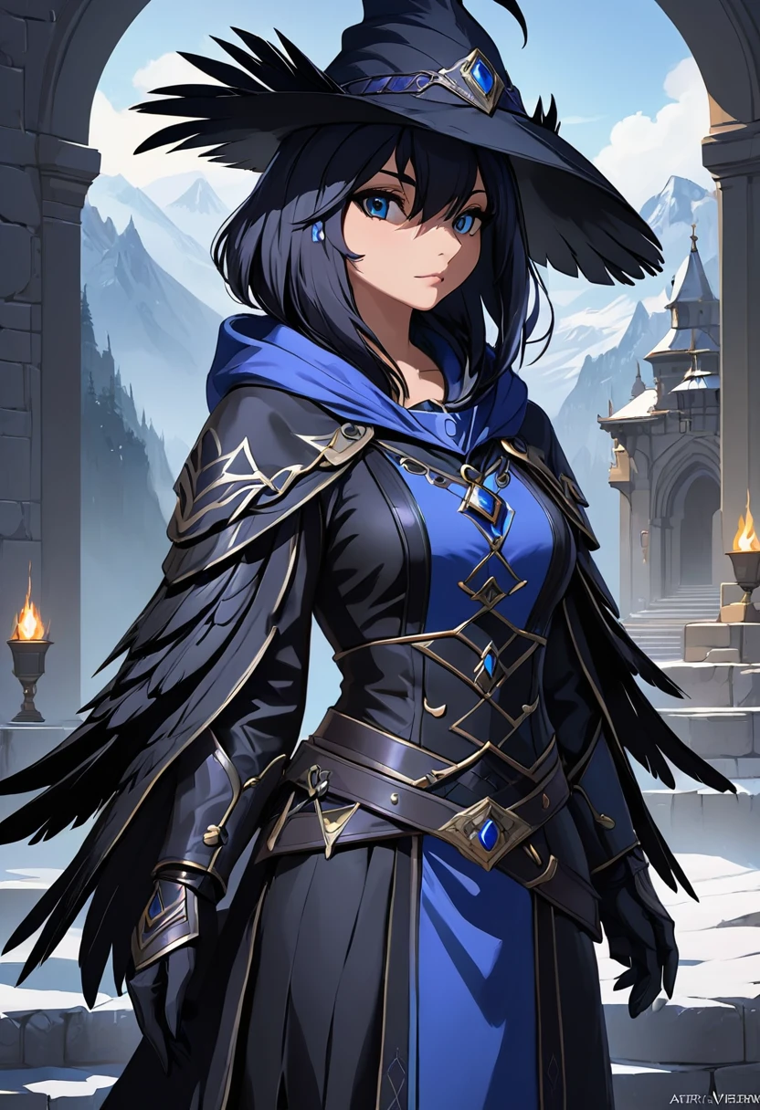 Anthropomorphic female raven mage. Official Art – Charecter profile. An Award-Winning Digital Masterpiece In 4K Ultra HD, Extreme Detail And Intricate Realism. Symmetrical Face. This Concept Art Brought To Life By The Hands Of Artists Like Wlop & Artgerm In A Stunning 2D Vector Illustration.Background Is A Panoramic Vista.