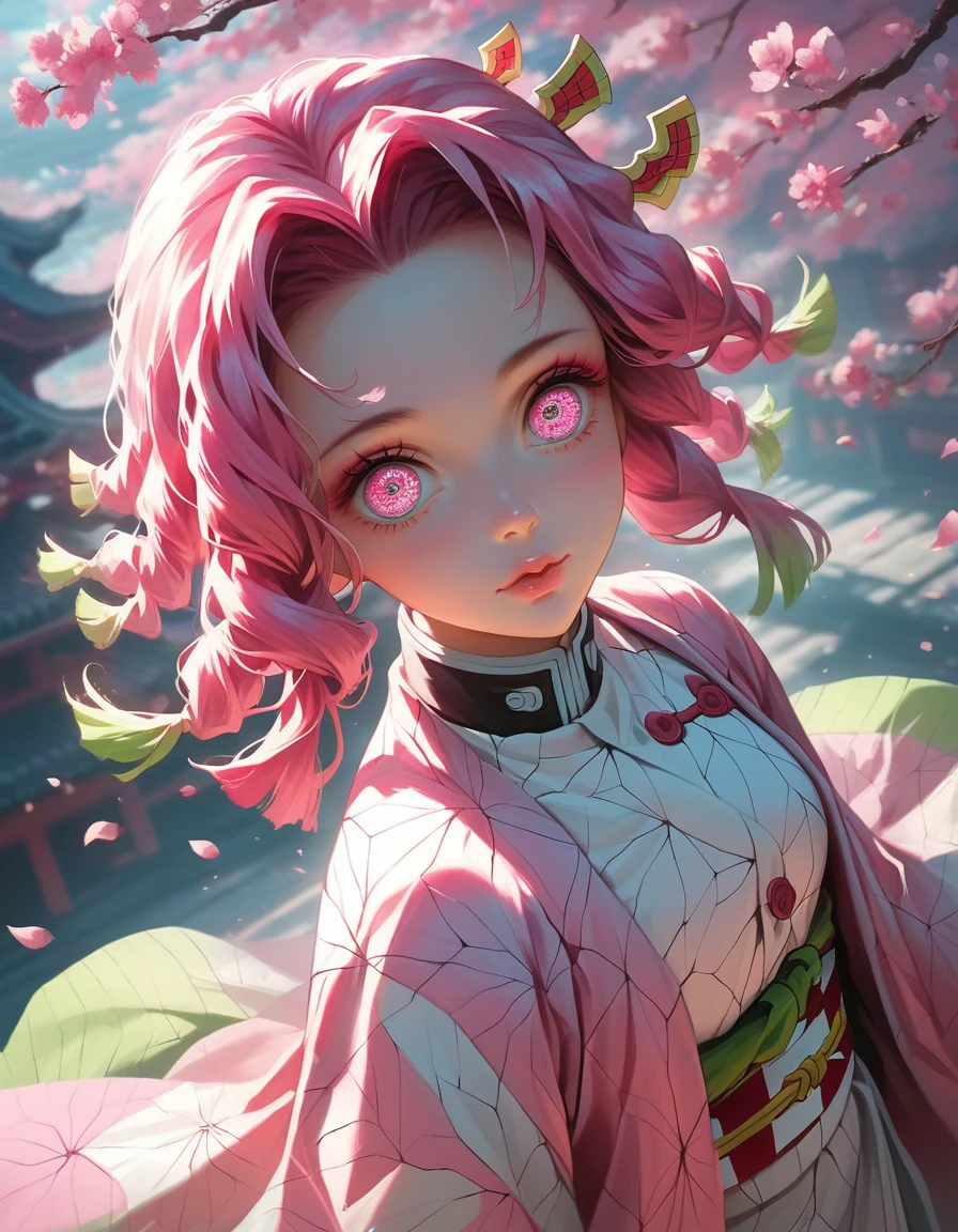 Mitsuri Kanroji, a female character from the anime series Demon Slayer: Kimetsu no Yaiba, detailed portrait, beautiful detailed eyes, (above shot.)beautiful detailed lips, extremely detailed face and features, long eyelashes, wavy pink hair, sensual expression, floral kimono, cherry blossom petals, intricate background, dramatic lighting, vibrant colors, fantasy, anime style, cinematic, masterpiece, hyper detailed, 8k, high quality