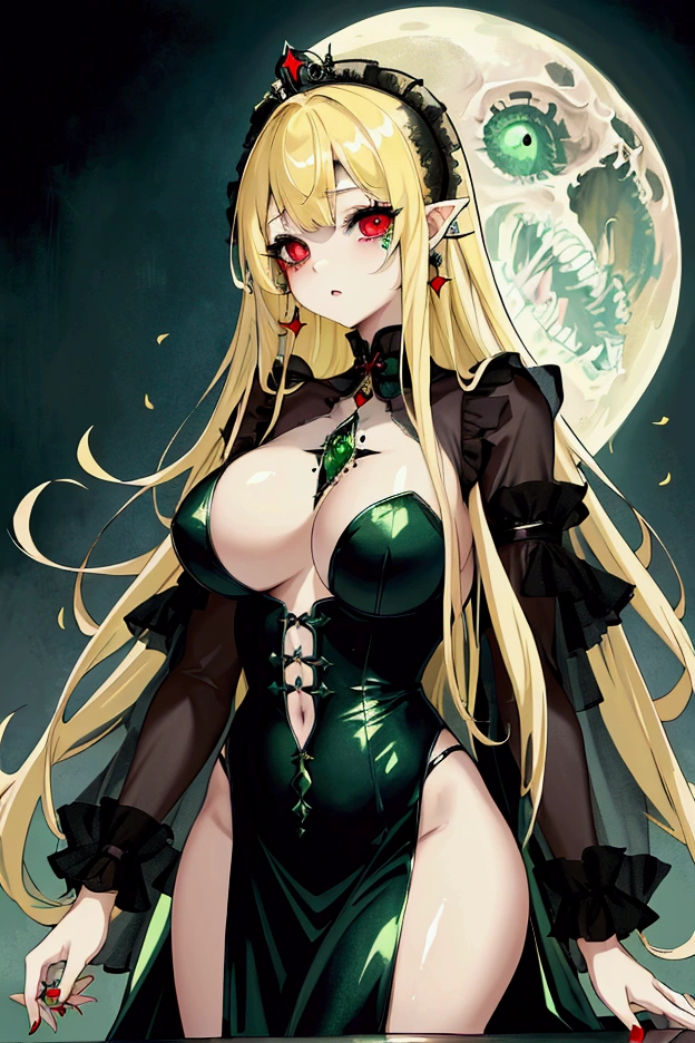 Highest quality, masterpiece, Ultra-high resolution, female、Big Breasts、End of the World、Zombie Girl、princess、Lightweight gothic dress、Shiny green discolored skin、A dumb look、Beauty、Blonde、Tight waist、Red Eye、Flawless skin