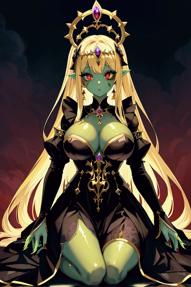 Highest quality, masterpiece, Ultra-high resolution, female、、End of the World、Zombie Girl、princess、Lightweight gothic dress、Shiny green discolored skin、A dumb look、Beauty、Blonde、Tight waist、Red Eye、Flawless skin