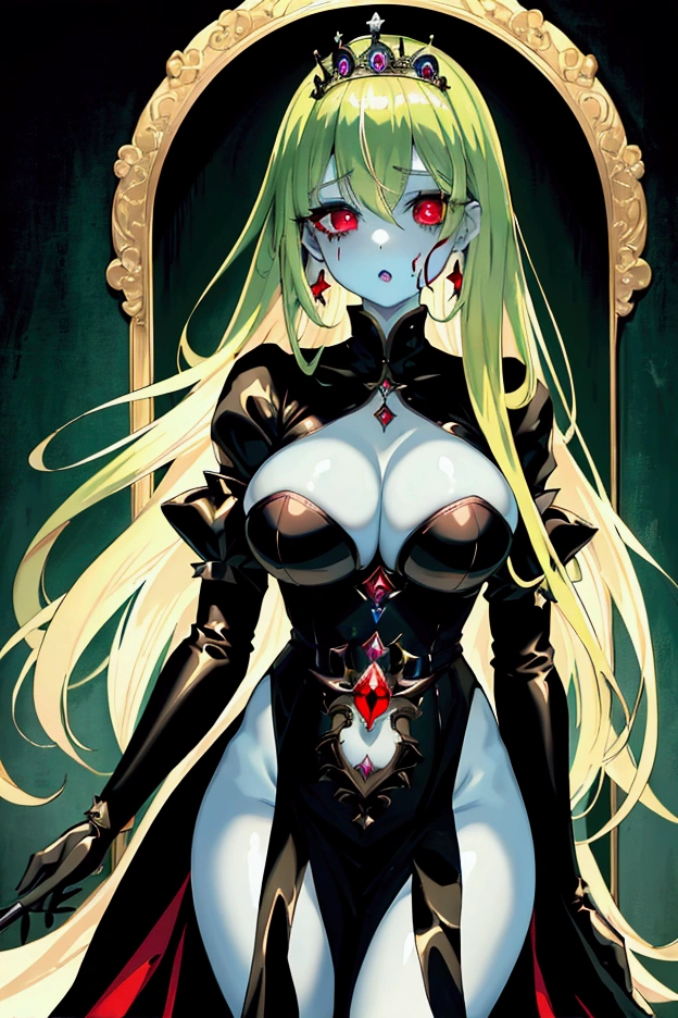 Highest quality, masterpiece, Ultra-high resolution, female、Big Breasts、End of the World、Zombie Girl、princess、Lightweight gothic dress、Shiny green discolored skin、A dumb look、Beauty、Blonde、Tight waist、Red Eye、Flawless skin