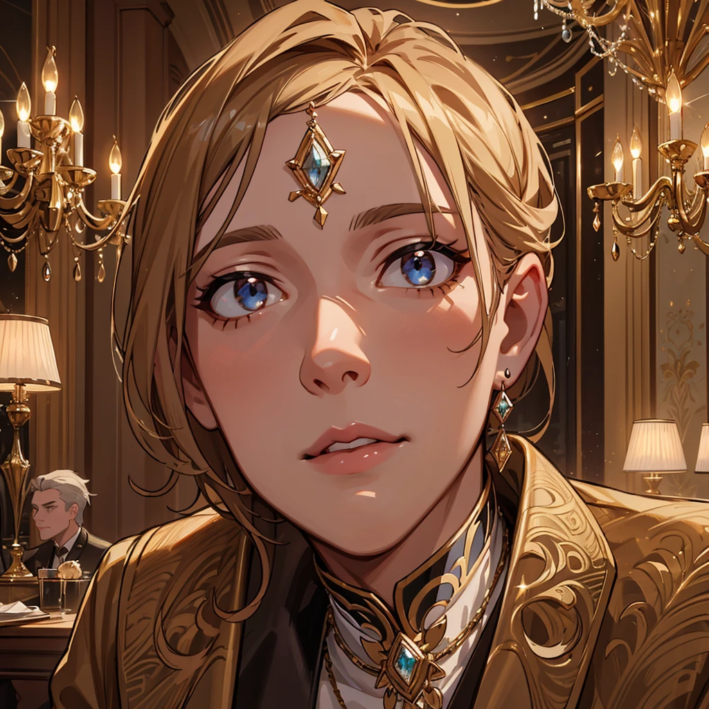 a man taking a selfie in a diamond jewelry shop, detailed face, high-quality portrait, intricate details, photorealistic, 8k, studio lighting, masterpiece, detailed jewelry, luxury interior, opulent, opulent chandelier, elegant decor, reflective surfaces, warm lighting