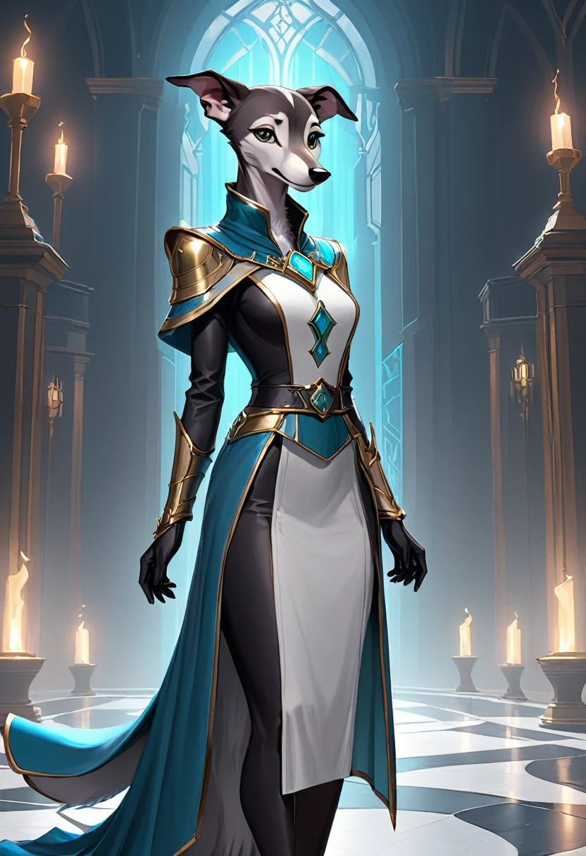 Anthropomorphic female greyhound mage. Official Art – Charecter profile. An Award-Winning Digital Masterpiece In 4K Ultra HD, Extreme Detail And Intricate Realism. Symmetrical Face. This Concept Art Brought To Life By The Hands Of Artists Like Wlop & Artgerm In A Stunning 2D Vector Illustration.Background Is A Panoramic Vista.