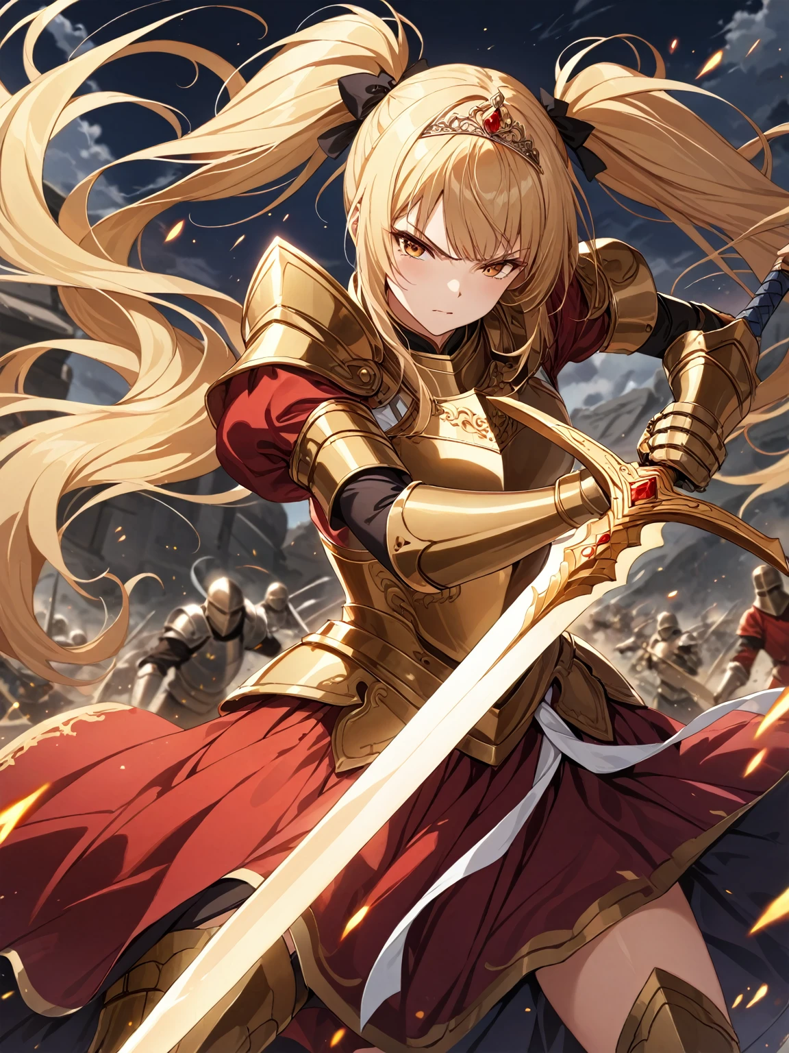 score_9_up, score_9, score_8_up, score_7_up, source_anime,masterpiece, best quality, high resolution, extremely detailed CG, absurdres, highres, 1 girl,a knight girl in golden armor fights at battlefield, holding sword, long hair, twintails, blond_hair, red_dress, glaring, off-shoulder, tiara, battle_stance, fighting_stance,good_hands