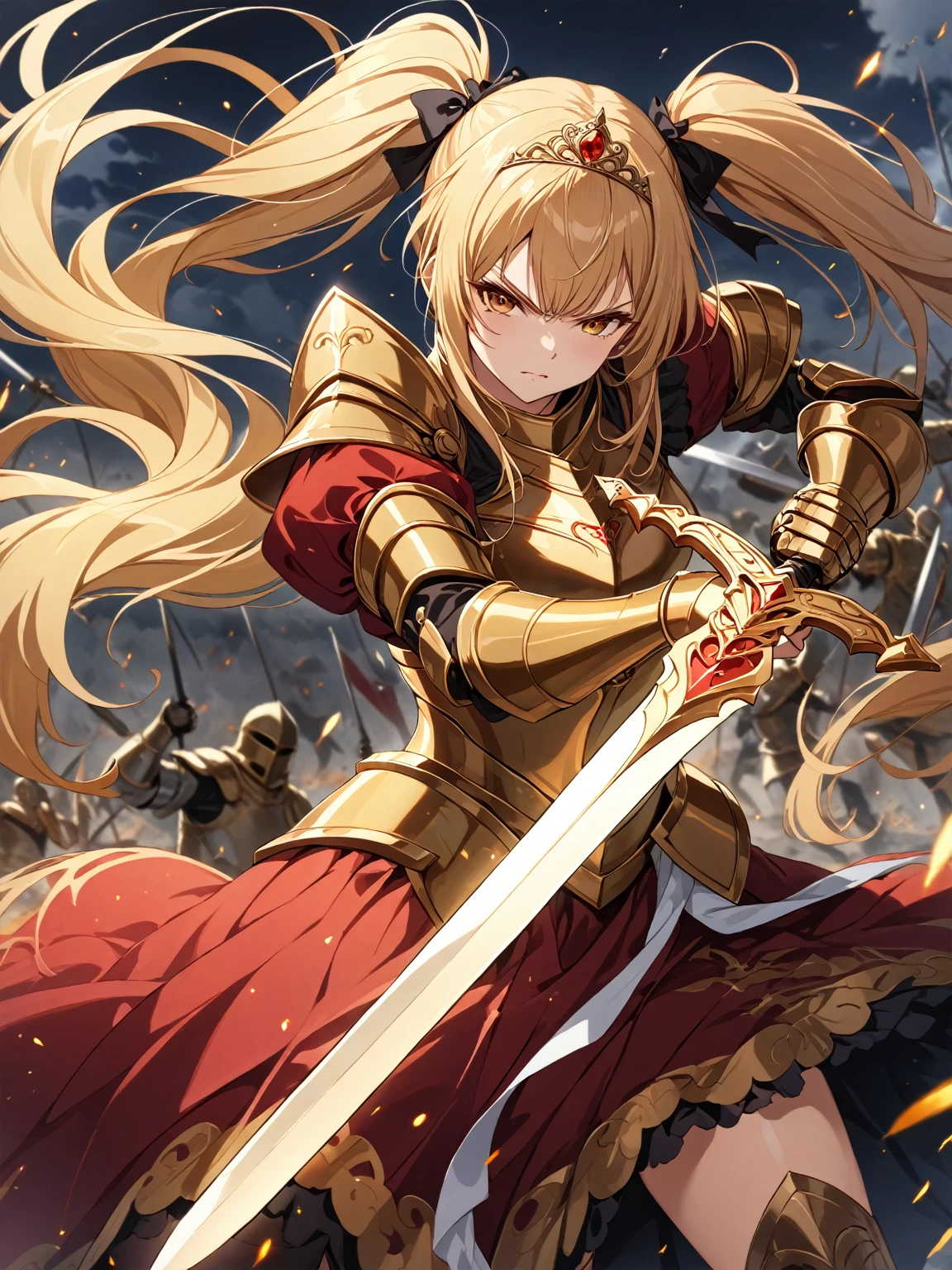 score_9_up, score_9, score_8_up, score_7_up, source_anime,masterpiece, best quality, high resolution, extremely detailed CG, absurdres, highres, 1 girl,a knight girl in golden armor fights at battlefield, holding sword, long hair, twintails, blond_hair, red_dress, glaring, off-shoulder, tiara, battle_stance, fighting_stance,good_hands