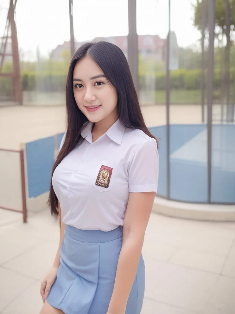 1girl, solo, 19 years old, (uniform), detailed Metropolitan city at the background, portrait, thick breasts, semi-curvy body, smooth realistic skin, cute smile, white shirt, grey blue short skirt, looking at the audience, high angle shot,(8k, RAW photo, best quality, masterpiece: 1.3), (realistic, realistic: 1.37), ultra-high resolution, cowboy shot