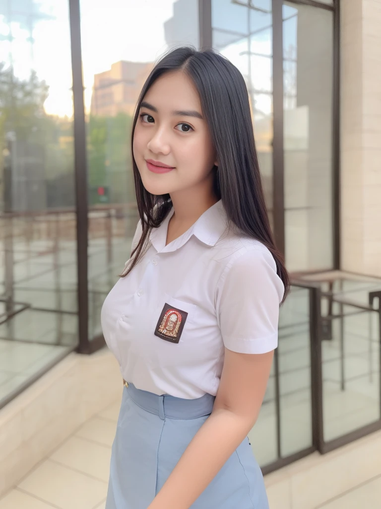 1girl, solo, 19 years old, (uniform), detailed Metropolitan city at the background, portrait, thick breasts, semi-curvy body, smooth realistic skin, cute smile, white shirt, grey blue short skirt, looking at the audience, high angle shot,(8k, RAW photo, best quality, masterpiece: 1.3), (realistic, realistic: 1.37), ultra-high resolution, cowboy shot