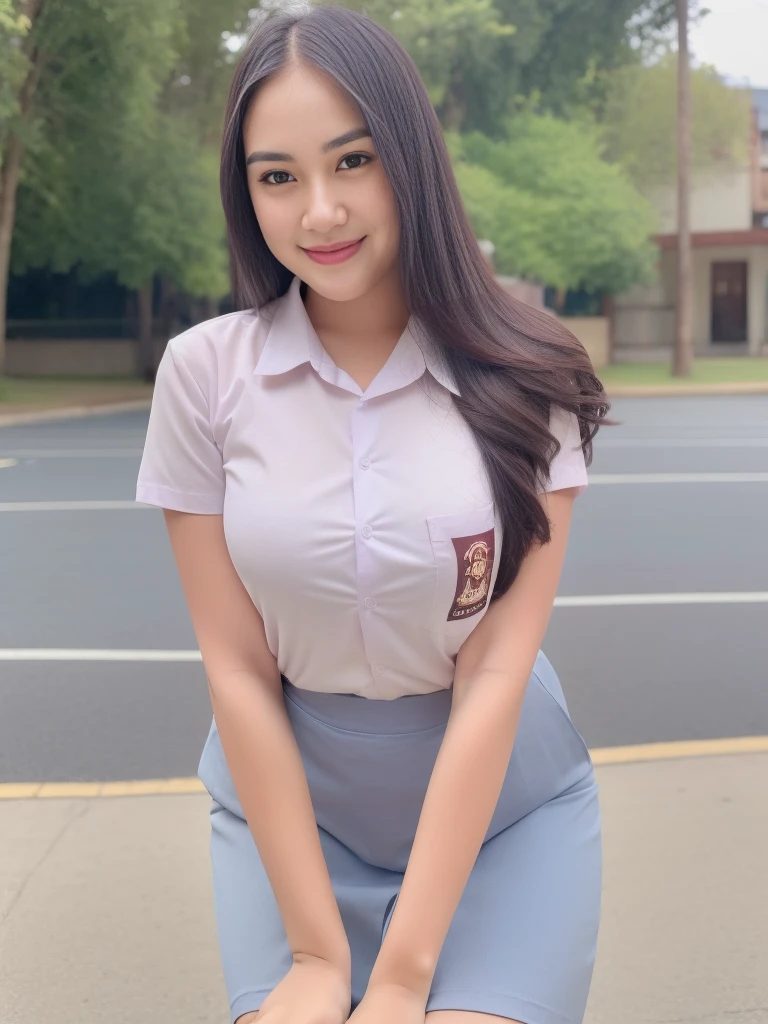 1girl, solo, 19 years old, (uniform), detailed Metropolitan city at the background, portrait, thick breasts, semi-curvy body, smooth realistic skin, cute smile, white shirt, grey blue short skirt, looking at the audience, high angle shot,(8k, RAW photo, best quality, masterpiece: 1.3), (realistic, realistic: 1.37), ultra-high resolution, cowboy shot