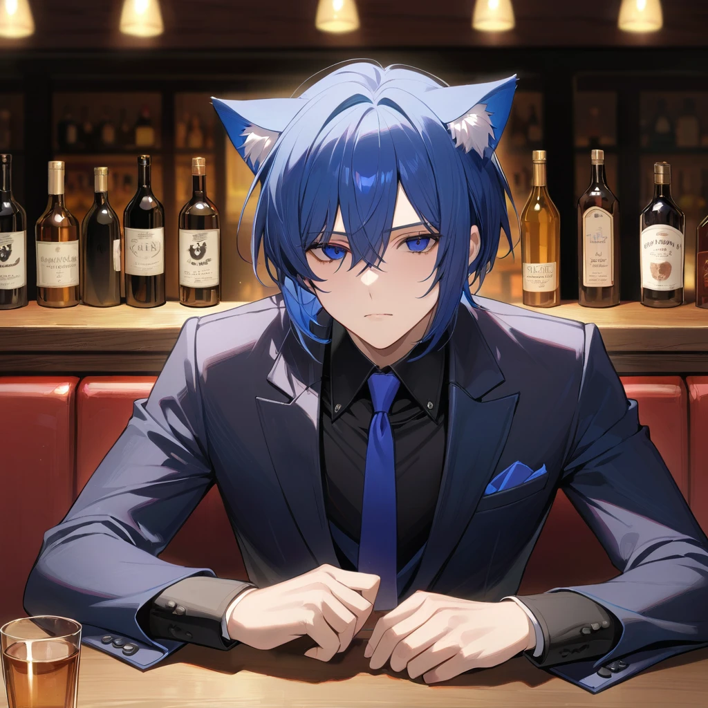 1man, solo, blue bob hair, cat ears, close-up, shaded face, (clothes:2.0), black waither suit, long black pants, shorts, expressionless, relaxing, , empty eyes, tavern background, look audience,