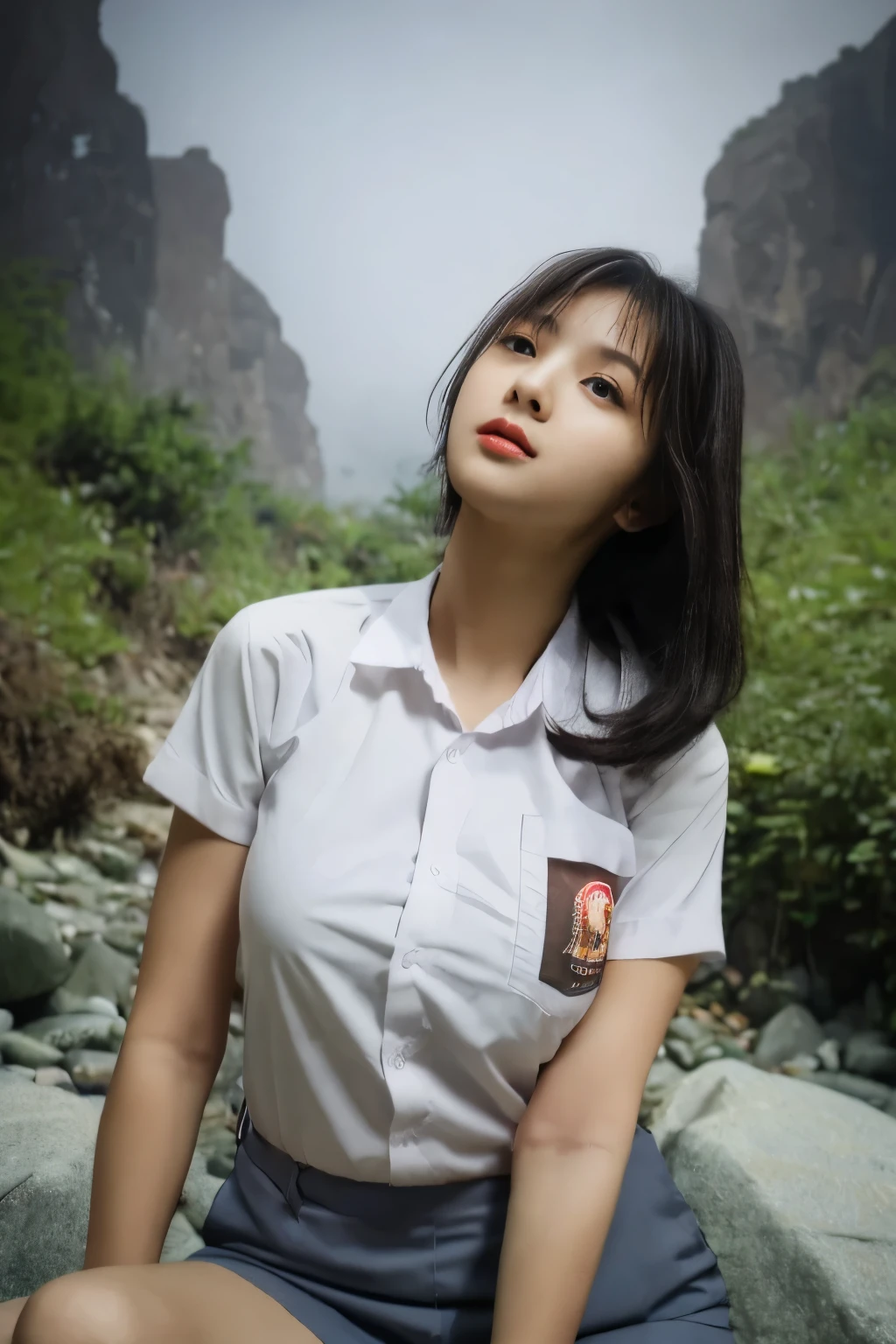 RAW, Best quality, high resolution, masterpiece: 1.3), Beautiful young java woman, seductive pose, sitting, open legs showing vagina, sensual body, big breasts, Best quality, high resolution, Masterpiece: 1.3, Masterpiece, naked, porn, ((At the rock river jungle)), night, fog, hiking clothes, pullover, orgasm, highres, 4k, HDR, 1girl, photorealistic, realistic, big breasts, ((whole body)) turning away facial at viewer, closeup, heavy mountains, misty, fog