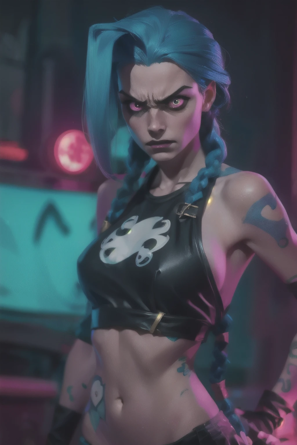 Hyper realistic super detailed Jinx cosplay , ((Young girl, )), Very detailed, (hyper realistic: 1.4), in dynamic pose, (((angry face))), twin braids, long hair, blue hair, red eyes, tattooed, ((skinny Body)), ((angry face)), arcane style. ((Grunge Neon grafitti background, cinematic lighting)).