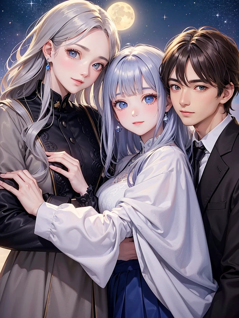 ((Highest quality)), ((masterpiece)), (detailed)、(Couple)、Beautiful Youth、beautiful girl、(The man has silver hair and blue eyes)、(The woman has brown hair and brown eyes)、Facing each other with the moonlit night as a backdrop、The man is tall and the woman is leaning on him.、Woman smiling、Men are handsome、Women are cute、Perfect body