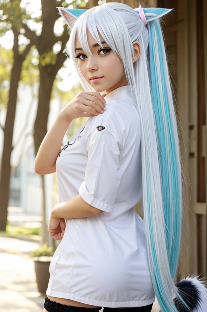 anime girl with cat tail and white hair