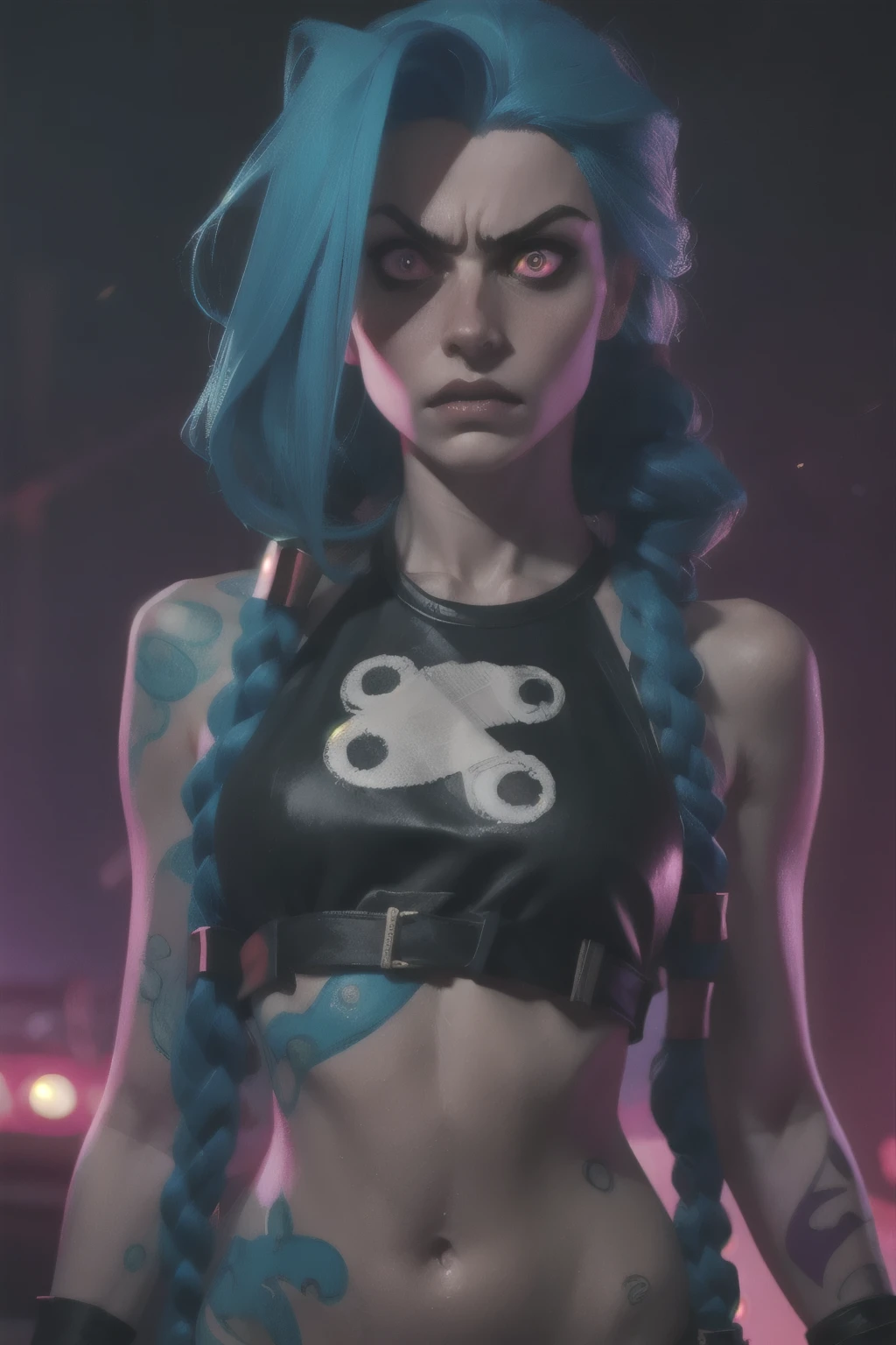 Hyper realistic super detailed Jinx cosplay , (( girl, 15 yeery detailed, (hyper realistic: 1.4), in dynamic pose, (((angry face))), twin braids, long hair, blue hair, red eyes, tattooed, ((skinny Body)), ((angry face)), arcane style. ((Grunge Neon grafitti background, cinematic lighting)).