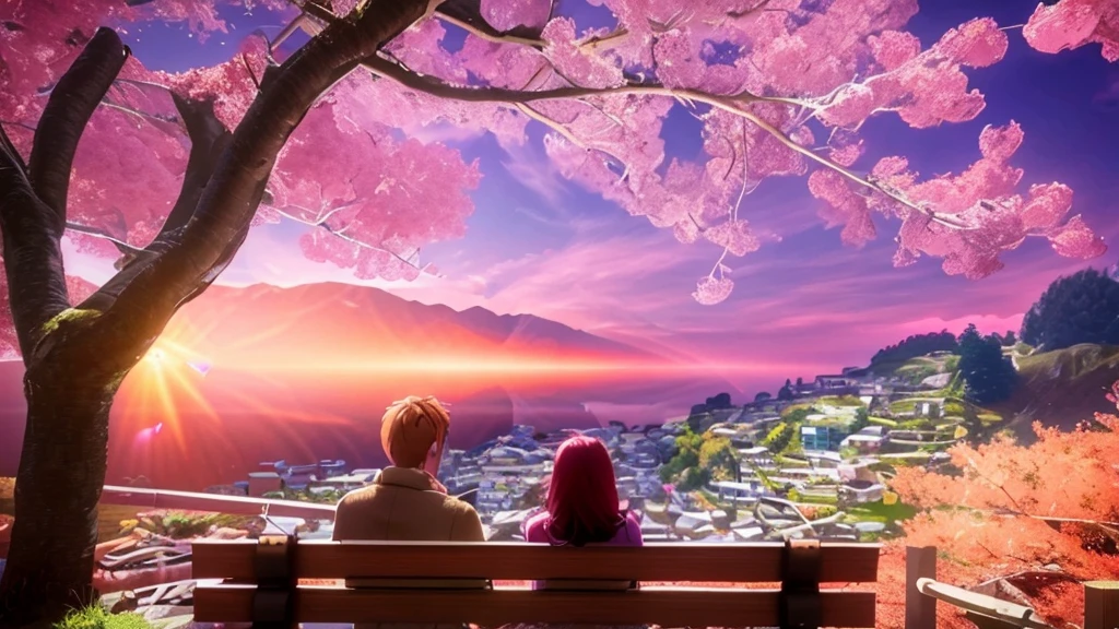 Real Two people are sitting on a bench under a tree, Beautiful peace scene in anime, under the cherry tree, Gwaites style artwork, a dream-like scene, makoto shinkai cyril rolando, beautiful anime scene, 3d rendering beeple, Cyril Rolland and Goro Fujita, landscape artwork, the most beautiful scene