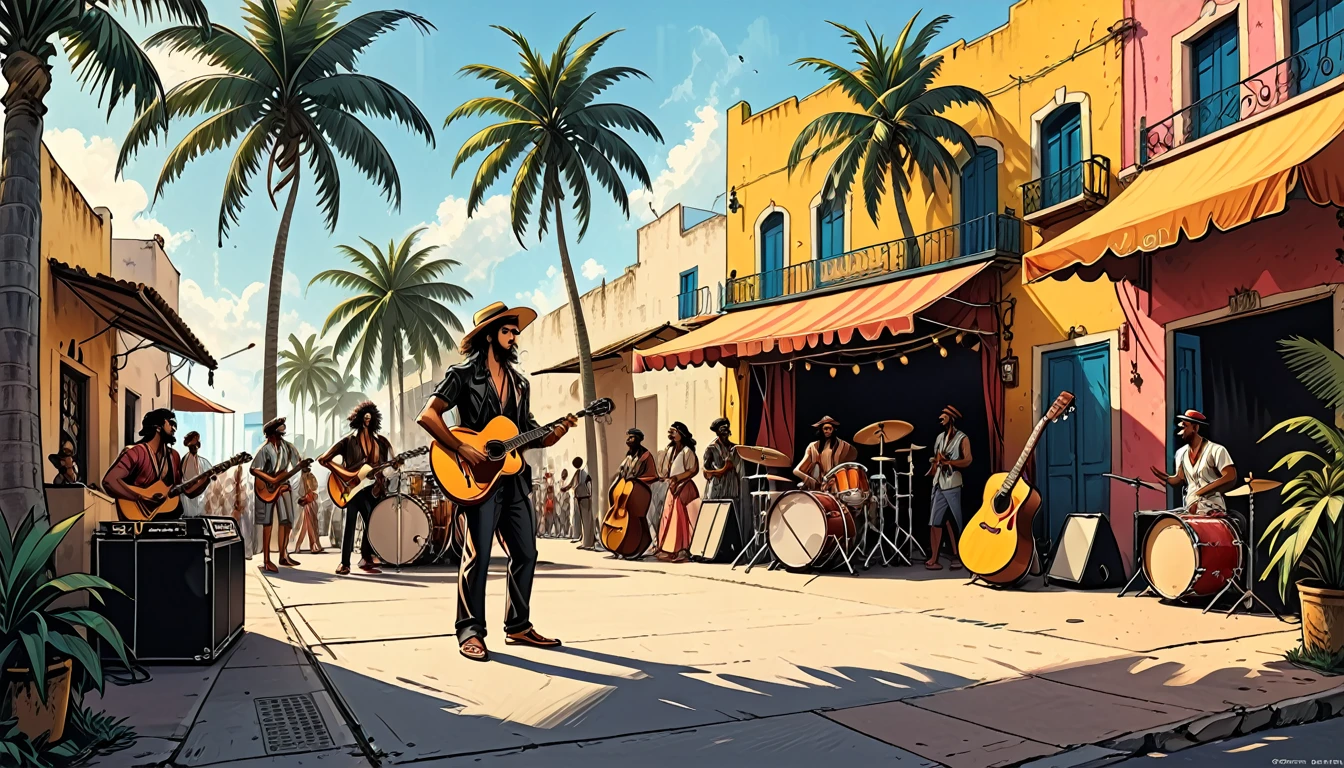 city square,
stage, a high stage on the street on which a gypsy dances and a music band plays, street, people looking at the stage, tropical street, palm trees, musician with a guitar, musician on drums, graphic style of novel comics, 2d, 8k, hyperrealism, masterpiece, high resolution, best quality, ultra-detailed, super realistic, Hyperrealistic art, high-quality, ultra high res, highest detailed, lot of details, Extremely high-resolution details, incredibly lifelike, colourful, soft cinematic light,