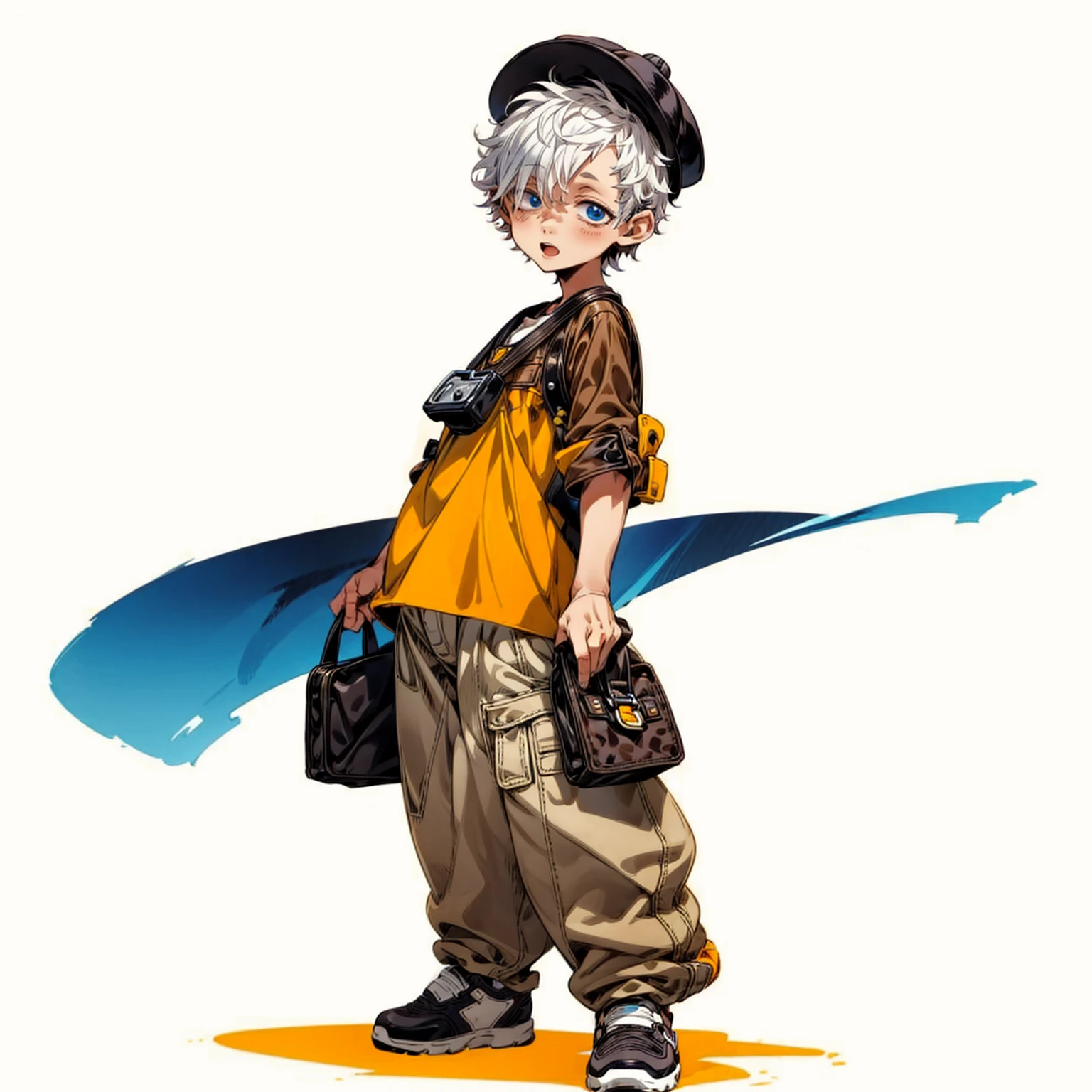 Solo character, full body version, detailed background, detailed clothing, detailed hair, detailed shadow, detailed face, white background, full shot, standing gesture, baby kid boy, white hair, short curly haircut, small eyes, blue eyes, casual outfit, watch, shoes, brown color pants, yellow color clothing, hat, open mouth, happy