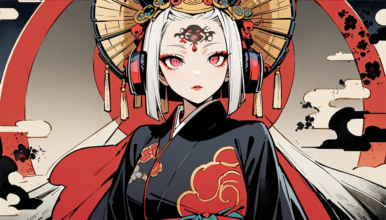 Ink painting, (((1 girl))), (((Tattoo in the middle of the forehead))),(((In the background is the Akatsuki moon))), (((Oiran))), (((Great hair accessories))), Japanese style headphones, Demon possession, (((Red eyes with an inscription inside them))),Face up close, Japanese beauty, White hair, Sensitive and precise, Modern Ukiyo-e style