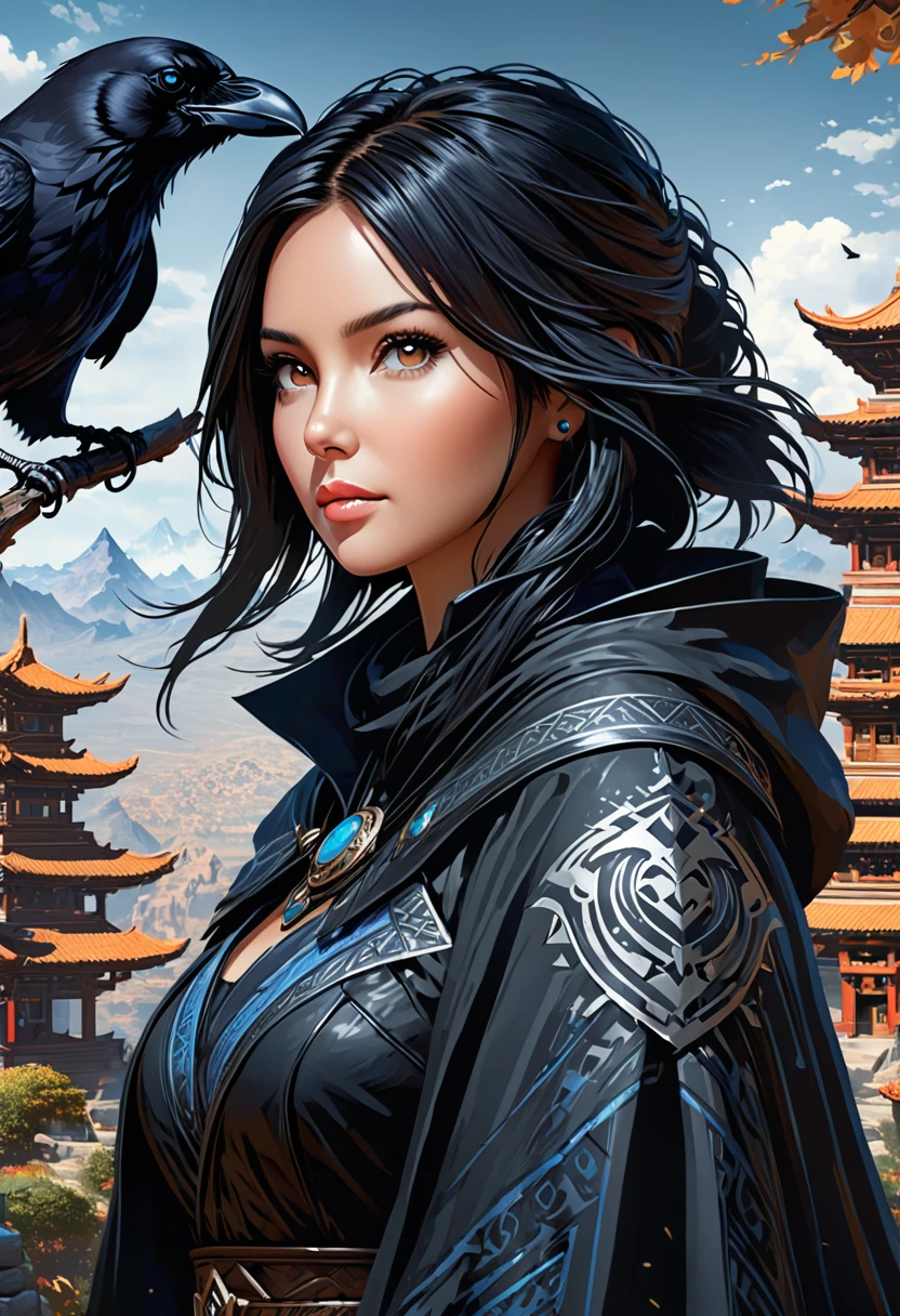 Anthropomorphic female raven mage. Official Art – Charecter profile. An Award-Winning Digital Masterpiece In 4K Ultra HD, Extreme Detail And Intricate Realism. Symmetrical Face. This Concept Art Brought To Life By The Hands Of Artists Like Wlop & Artgerm In A Stunning 2D Vector Illustration.Background Is A Panoramic Vista.
