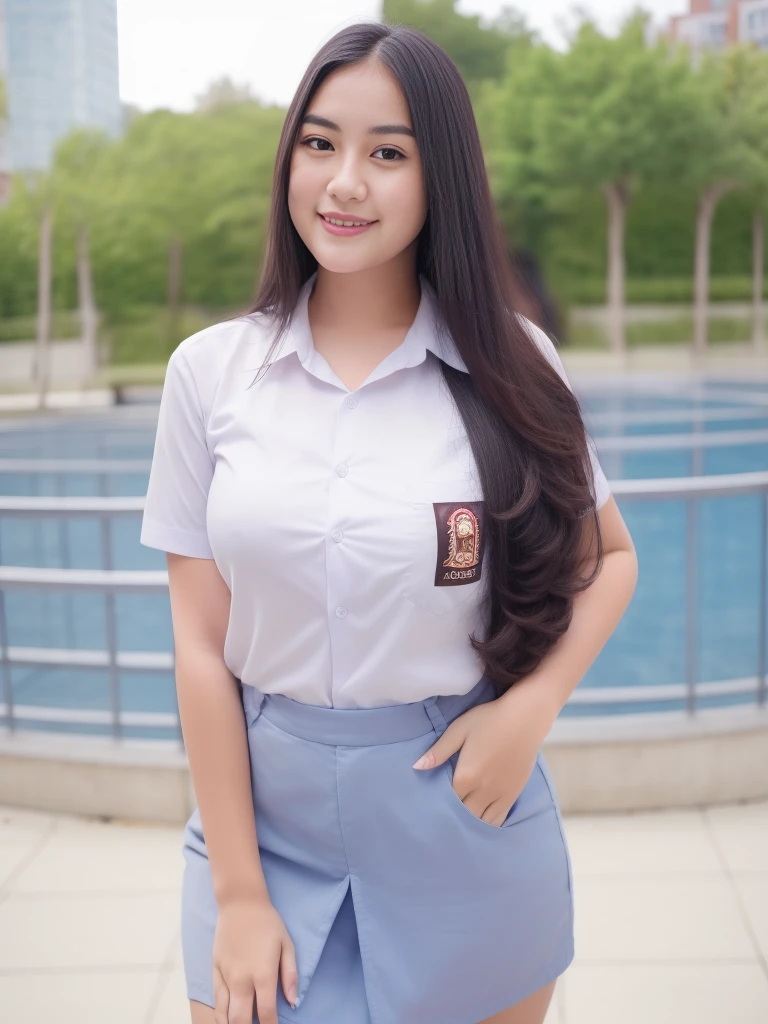 1girl, solo, 19 years old, (uniform), detailed Metropolitan city at the background, portrait, thick , semi-curvy body, smooth realistic skin, cute smile, white shirt, grey blue short skirt, looking at the audience, high angle shot,(8k, RAW photo, best quality, masterpiece: 1.3), (realistic, realistic: 1.37), ultra-high resolution, cowboy shot