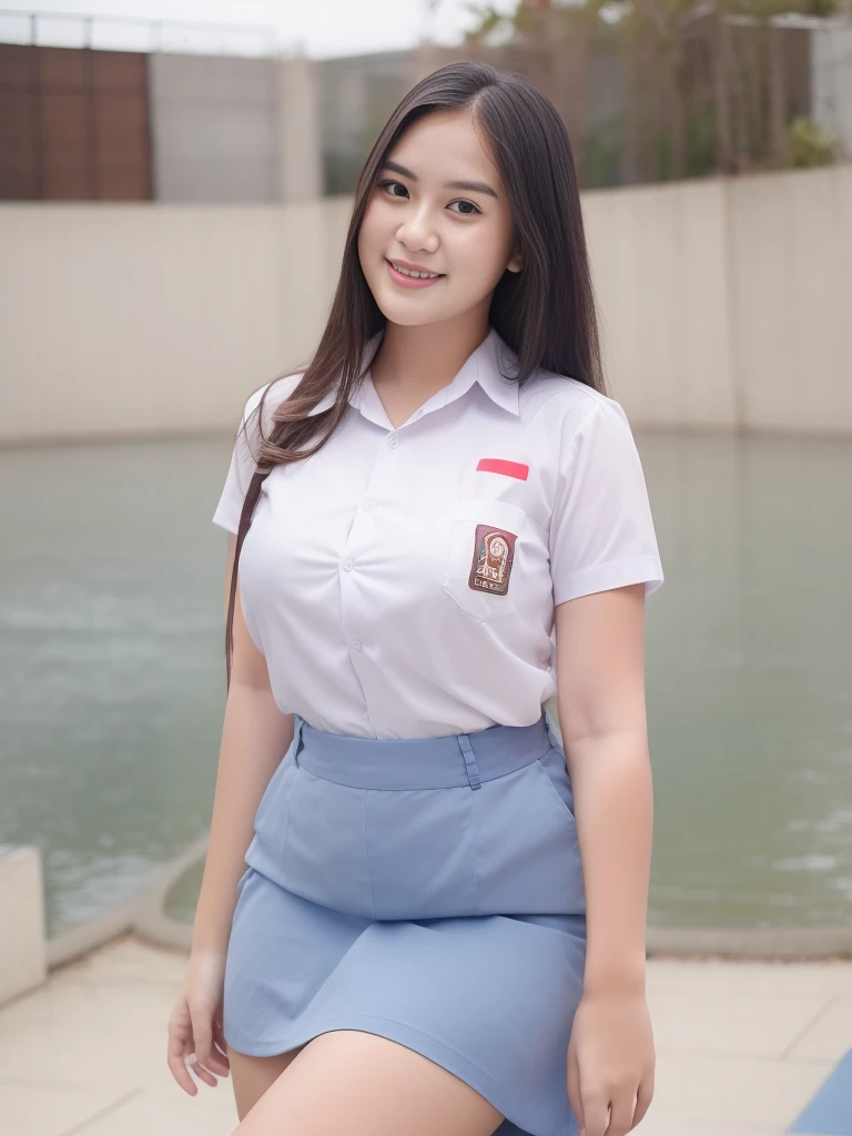 1girl, solo, 19 years old, (uniform), detailed Metropolitan city at the background, portrait, thick breasts, semi-curvy body, smooth realistic skin, cute smile, white shirt, grey blue short skirt, looking at the audience, high angle shot,(8k, RAW photo, best quality, masterpiece: 1.3), (realistic, realistic: 1.37), ultra-high resolution, cowboy shot