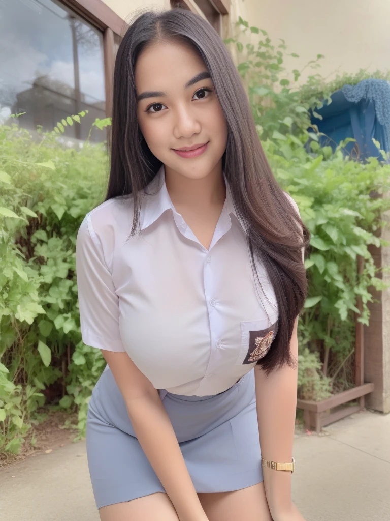 1girl, solo, 19 years old, (uniform), detailed Metropolitan city at the background, portrait, thick breasts, semi-curvy body, smooth realistic skin, cute smile, white shirt, grey blue short skirt, looking at the audience, high angle shot,(8k, RAW photo, best quality, masterpiece: 1.3), (realistic, realistic: 1.37), ultra-high resolution, cowboy shot