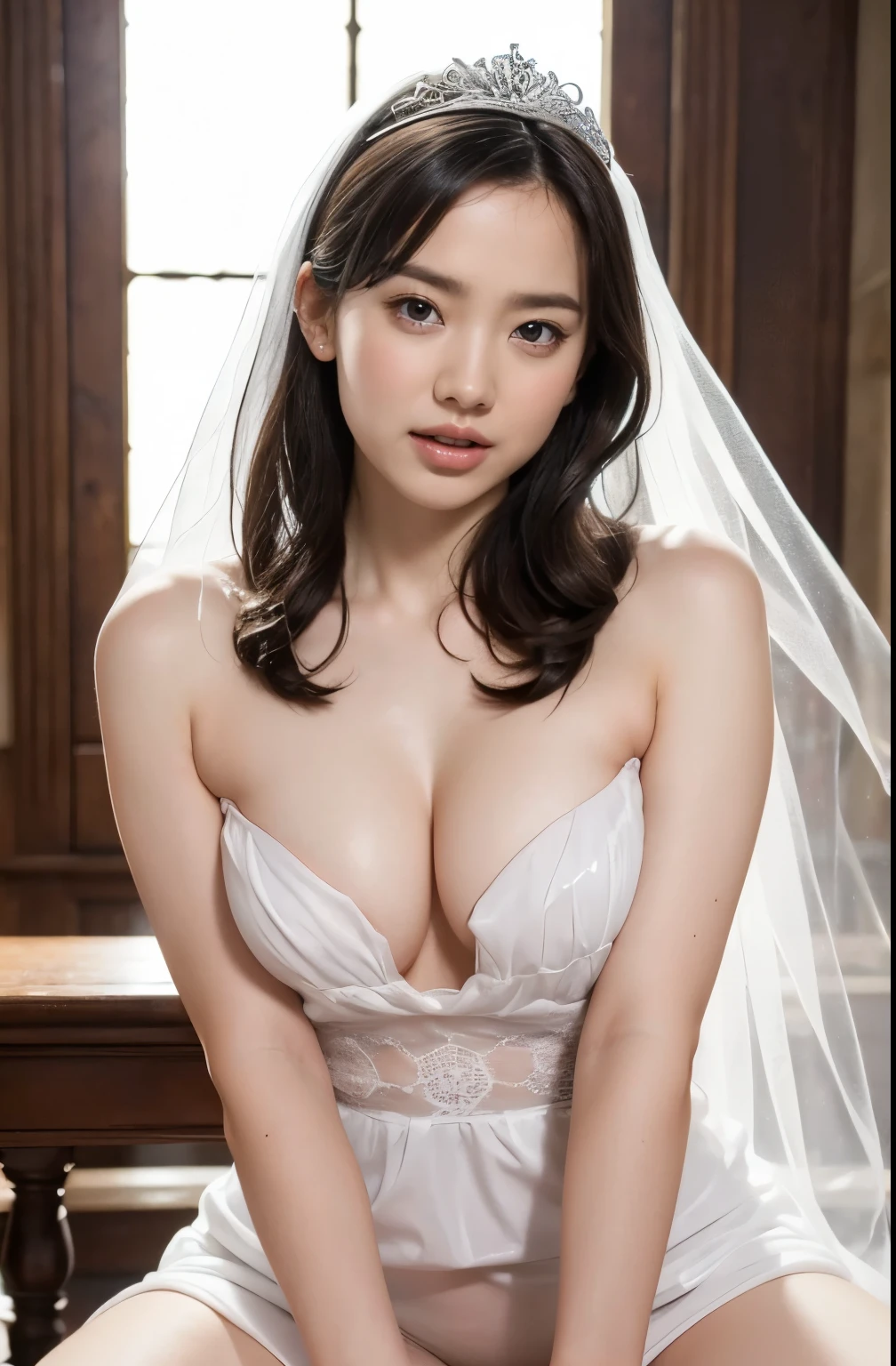 naked,Like the whole body," shape, Bride's white outfit, small silver tiara,huge ,sloppy and droopy breasts, Heavy chest almost exposed ,Fully visible bust,Sheer princess skirt,Church wedding,There is a large crowd of participants behind you, Perfect body, (Highest quality, 4K, 8k, High resolution, Tabletop:1.2), Very detailed, (Realistic, Realistic, Photorealistic:1.37), Royal, Enchanting, (Vibrant colors, Sharp Chest:1.1), Soft lighting", (((without any dress))). (((100% Transparent micro panties))). Deep cleavage. (((100%-Good transparency))). Navel exposed. (((Narrow waist))). (((Orgasm Facial))). (((Open your mouth))), (((Narrow waist))), (((Perfect sexy body))), (((Heavy chest)))),(((perfect proportion))), (((orgasm face))),(((open mouth half))), (((touching between legs))),  (((hard masturbation)))