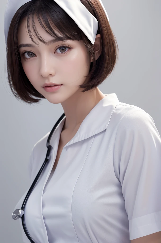 1 girl,(Wearing white nurse clothes:1.2),(RAW photo, highest quality), (realistic, photo-realistic:1.4), masterpiece, very delicate and beautiful, very detailed, 2k wallpaper, wonderful, finely, very detailed CG unity 8k wallpaper, Super detailed, High resolution, soft light, beautiful detailed girl, very detailed eyes and face, beautifully detailed nose, finely beautiful eyes, nurse, perfect anatomy, black hair, up style, nurse uniform, ((nurse cap)), long skirt, nurse, white costume, thin, hospital, clear, white uniform, hospital room, auscultation of the neck,bob cut、Looking back
