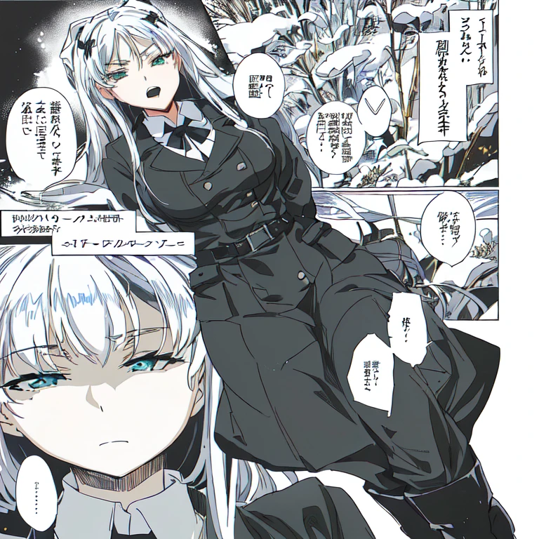 a closeup of a person in uniform, black and white manga page, anime, nazi ss, military, Doujin, Kantai Collection Style, from Inma no Mikata, fine details, Inma no Mikata girl, manga page, cancolle, black and white manga, black and white manga comic. A beautiful woman with light blue, almost light blue or platinum hair and green eyes. Lleva un uniforme military de color verde oscuro. His boots are red. The woman has a serious expression, indifferent and professional, with an imposing posture. The scene takes place against a background that shows the sky, with tall buildings.