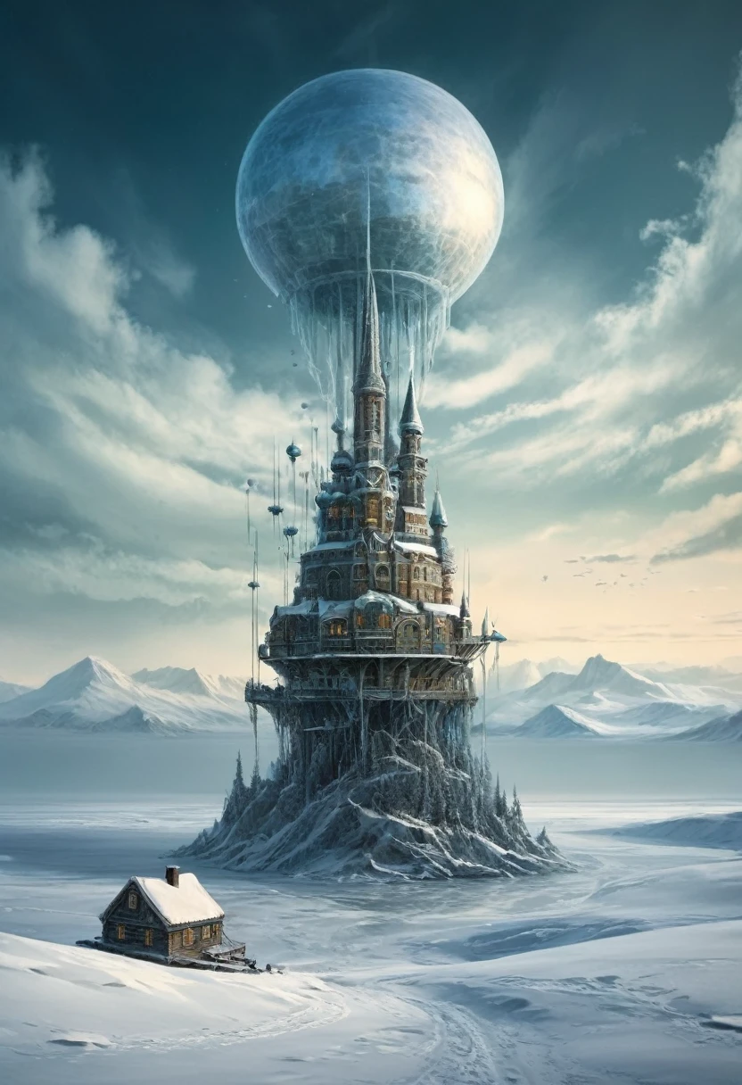 Best quality, double exposure, two parts in one art, painting depicting an intricately detailed floating city, levitating atop an arctic tundra enveloped in a swirling snowstorm, applying artistry reminiscent of such masters as h. r. giger, and beksiński. the floating city should tell a different aspect of an enchanting kid's story a snowy wonderland, a dense, dormant forest, the bleak and lonesome north pole, rendered with chrome. 8k