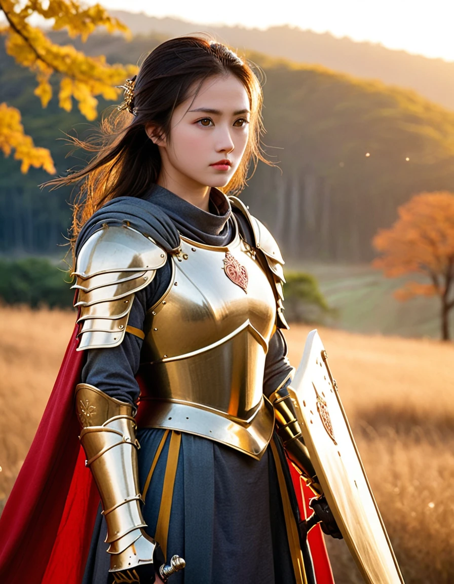 absurdres, best quality, masterpiece, ultra detailed beautiful photograph, Japanese girl, close up face
BREAK
In the twilight of the battlefield, a knight clad in (golden armor:1.3) stands proudly. The armor gleams in the light of the setting sun, making her look like a legendary hero. In her hand, she holds a sharp sword, and her shield bears the family crest. The wind blows, causing her cape to flutter. Around her, the remnants of battle remain, and a profound silence spreads. Her eyes gaze into the distance, filled with determination and courage.