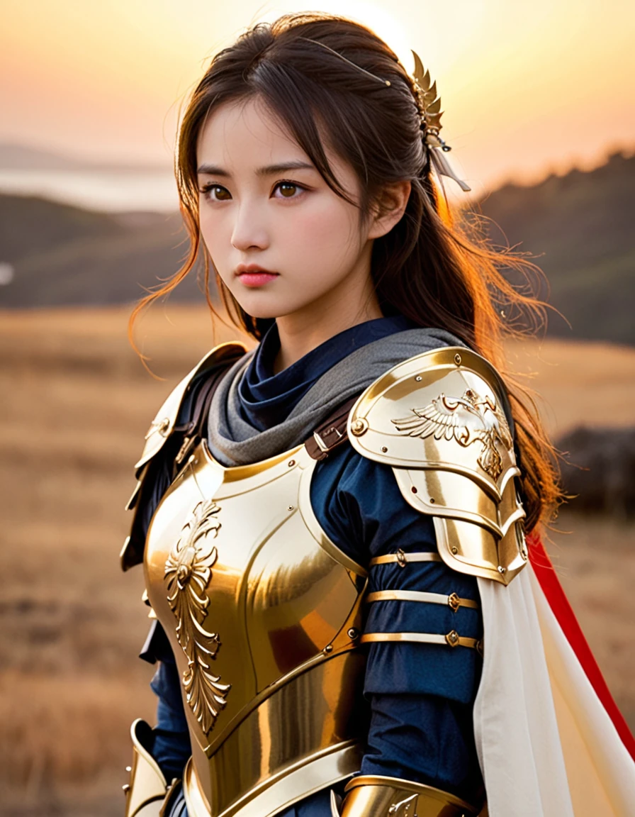 absurdres, best quality, masterpiece, ultra detailed beautiful photograph, Japanese girl, close up face
BREAK
In the twilight of the battlefield, a knight clad in (golden armor:1.3) stands proudly. The armor gleams in the light of the setting sun, making her look like a legendary hero. In her hand, she holds a sharp sword, and her shield bears the family crest. The wind blows, causing her cape to flutter. Around her, the remnants of battle remain, and a profound silence spreads. Her eyes gaze into the distance, filled with determination and courage.