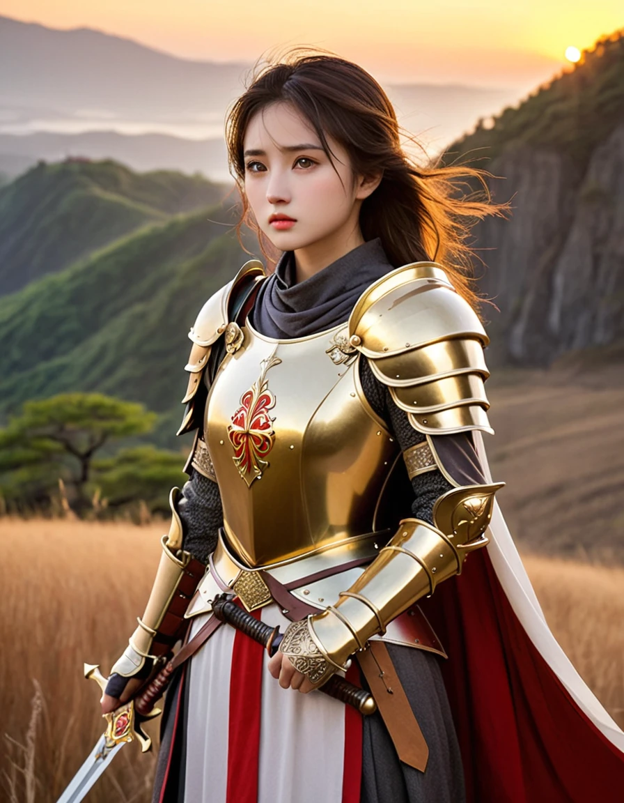 absurdres, best quality, masterpiece, ultra detailed beautiful photograph, Japanese girl, close up face
BREAK
In the twilight of the battlefield, a knight clad in (golden armor:1.3) stands proudly. The armor gleams in the light of the setting sun, making her look like a legendary hero. In her hand, she holds a sharp sword, and her shield bears the family crest. The wind blows, causing her cape to flutter. Around her, the remnants of battle remain, and a profound silence spreads. Her eyes gaze into the distance, filled with determination and courage.