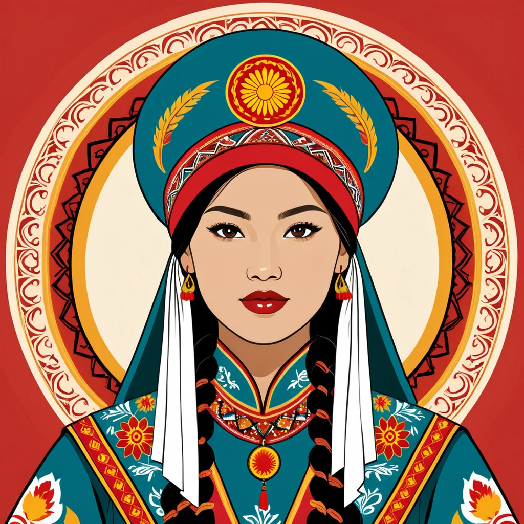 woman in kyrgyzstan folk outfit, vector graphics, strong contours
