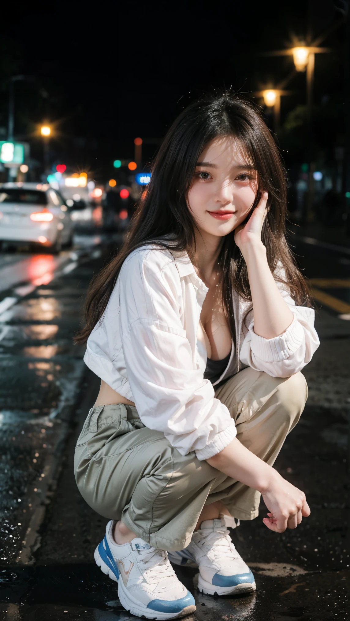 masterpiece, best quality, ultra-realistic, cute young woman, Korean idol, heart-shaped face, large almond eyes, silky black hair, small rosy lips, smiling and standing confidently, cleavage, wearing a black t-shirt, white striped bomber jacket, yellow and pink cargo pants, blue shoes, squat pose on a street, hands on knee, background in the middle of the road, lights city from a distance, wet roads, adding depth to the scene, soft ambient lighting, blurry, detailed facial features, soft shadows, 85mm lens, portrait photography.